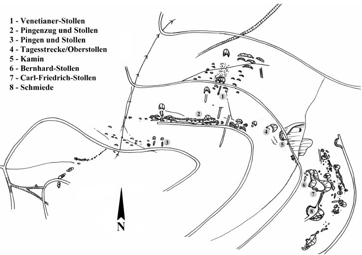 Kartenskizze der montanarchäologischen Befunde im Umfeld des Venetianerstollens.